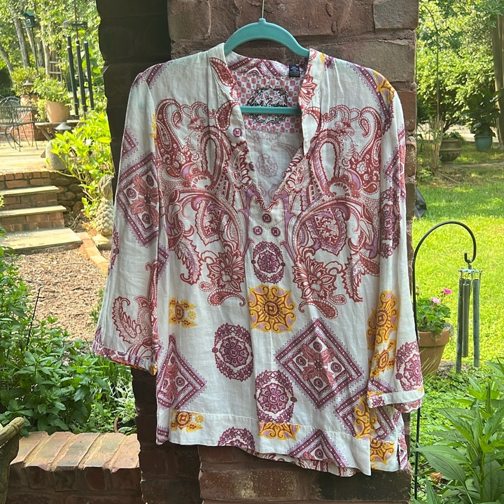 Red and Yellow Graphic Blouse with 3/4 Sleeves